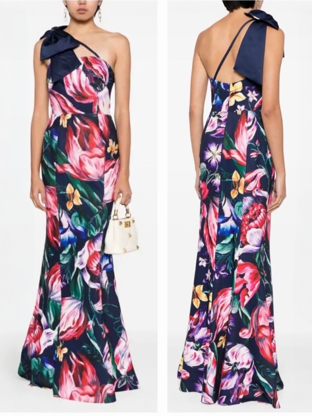 Marchesa Notte Florilegium Floral Print Fit-Flare One Shoulder Bow Detail Gown